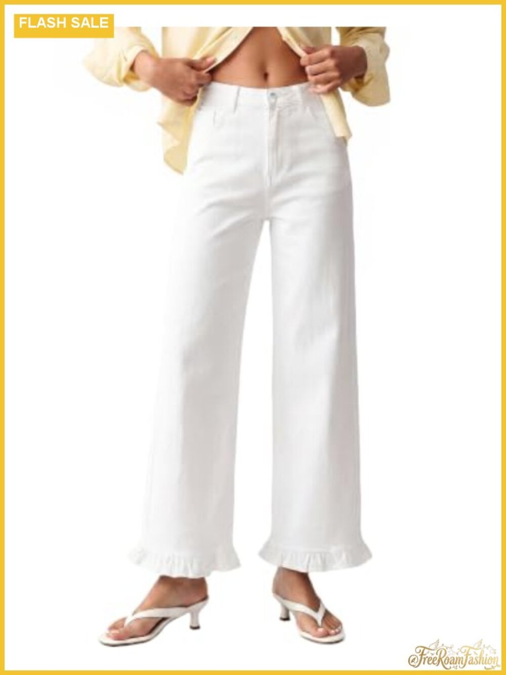 Wide Leg Ruffle Hem High Waisted Ankle Jeans for Women Stretch Denim